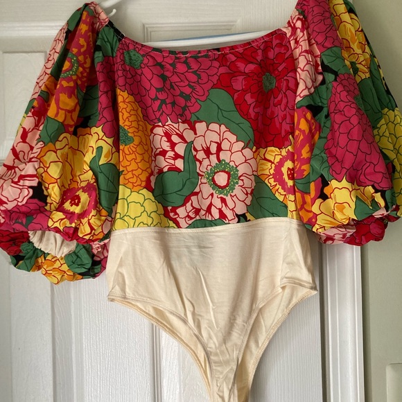 Lulu's Floral Puff Sleeve Bodysuit - Red, Yellow, Green, Cream - Picture 1 of 5